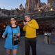 Two io9 readers dresses as classic Star Trek science and command officers pose in front of the Millennium Falcon at Disney's Star Wars: Galaxy's Edge, looking suitably confused by their whereabouts.